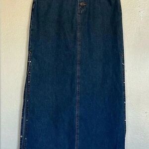 Vintage Y2K Button Front Denim Maxi Skirt w/ Side Slits 35”Waist Boho Western